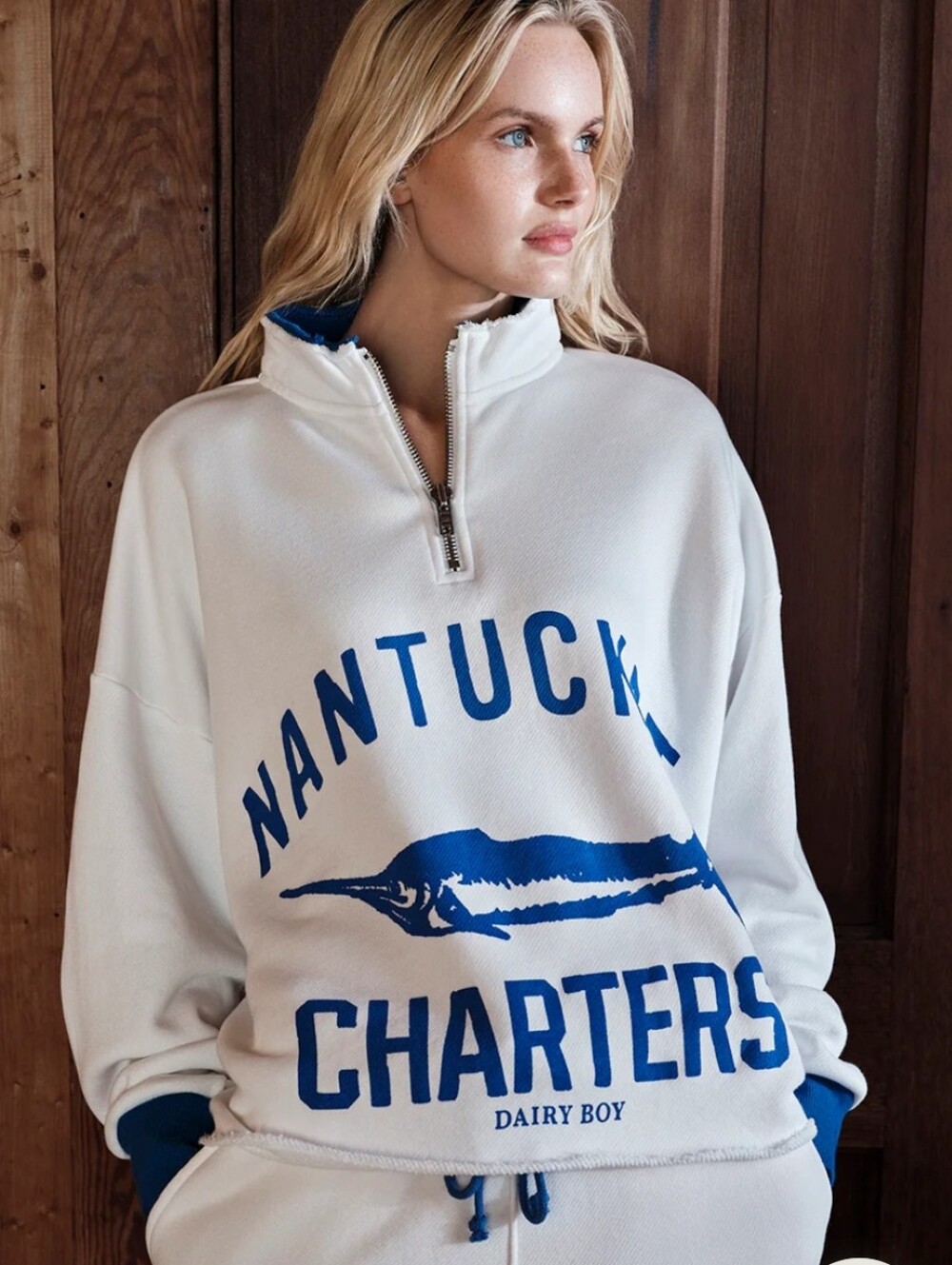 NWT Dairy Boy Nantucket Charters White & Blue Oversized Quarter Zip Sweatshirt